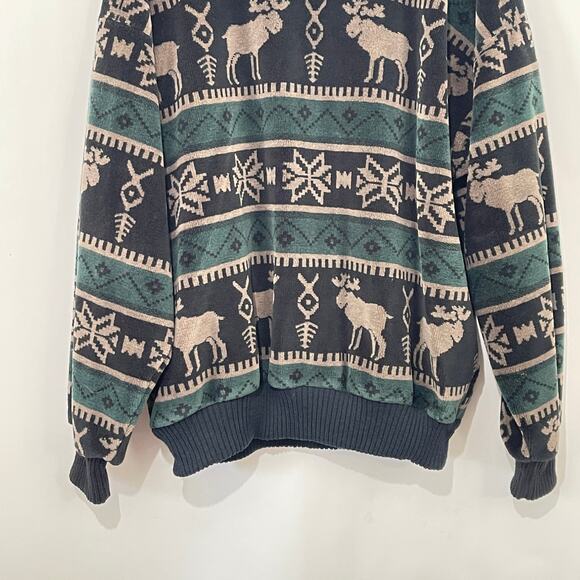 Norm Thompson Velour Pullover Moose Fair Isle 1/2 Zip Sweatshirt Shacket Large - Picture 9 of 10